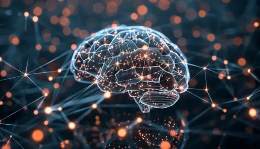 A digital interface, network nodes, or AI brain illustratio