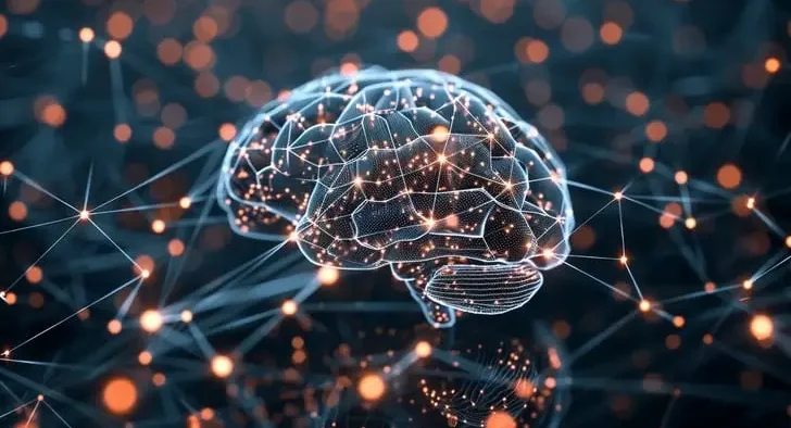 A digital interface, network nodes, or AI brain illustratio